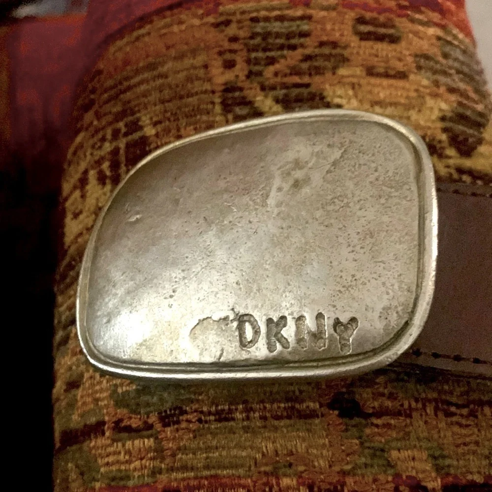 DKNY leather belt, S,Hand-hammered brass monogramed buckle, Brown, woven. Euc